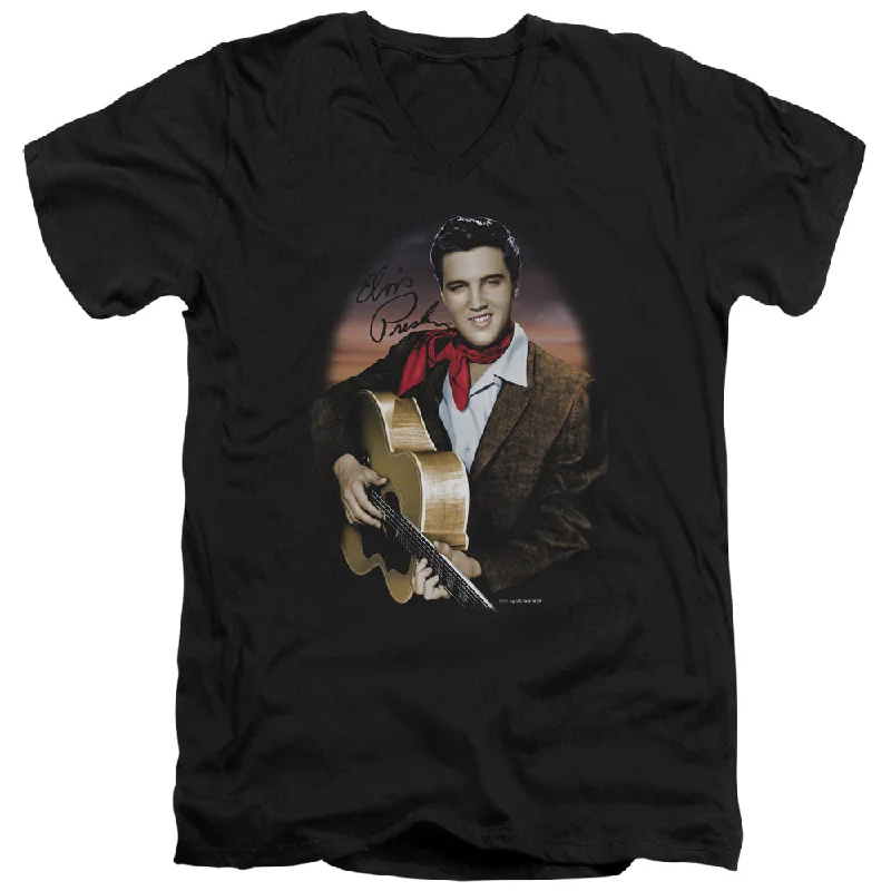 Extra Discounts Elvis Presley Slim Fit V-Neck T-Shirt Red Scarf and Guitar Black Tee