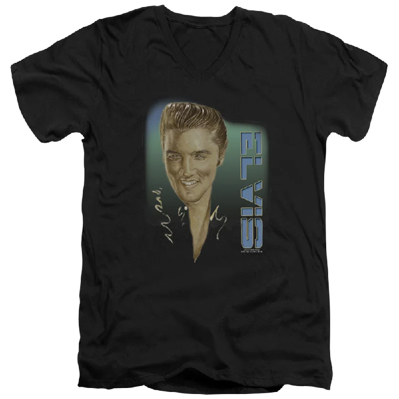 Anniversary Sale Elvis Presley Slim Fit V-Neck T-Shirt Slicked Back Hair Black Tee