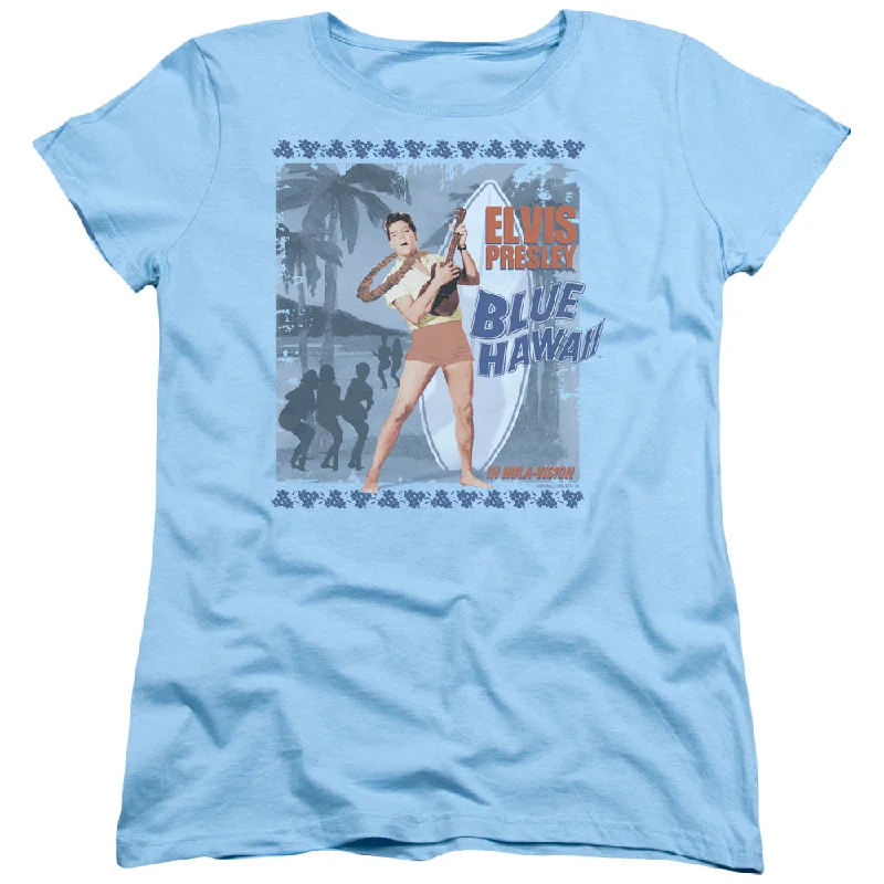 Super Bargain Elvis Presley Womens T-Shirt Blue Hawaii Poster Light Blue Tee
