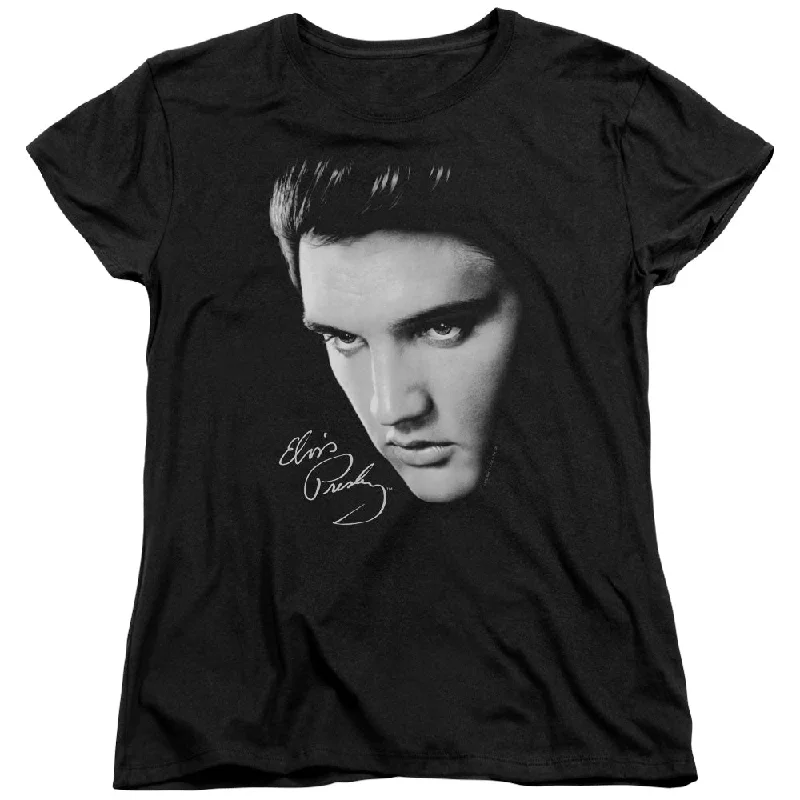 Shop and Save Elvis Presley Womens T-Shirt Close Up Black Tee