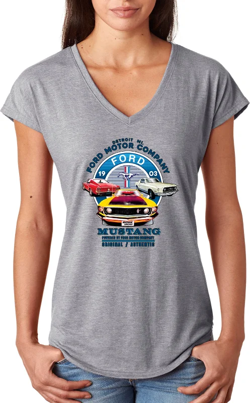 Daily Deals Ford Mustang Vintage Collage Ladies Triblend V-Neck Shirt
