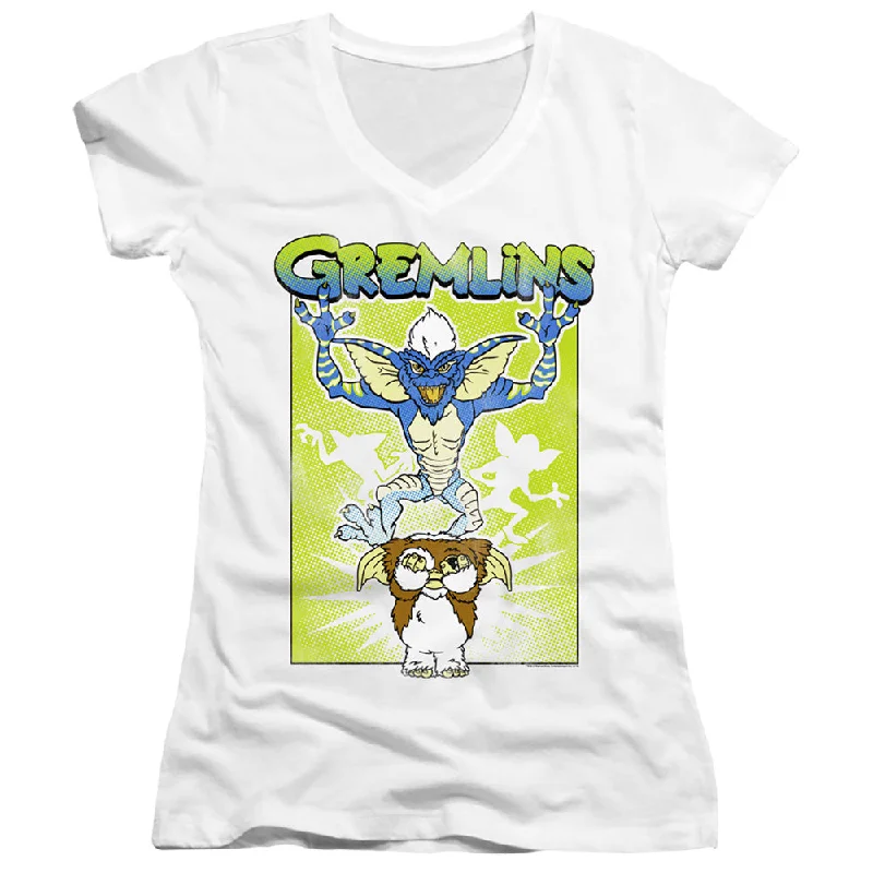 Big Discounts Gremlins Juniors V-Neck T-Shirt Scared Gizmo White Tee