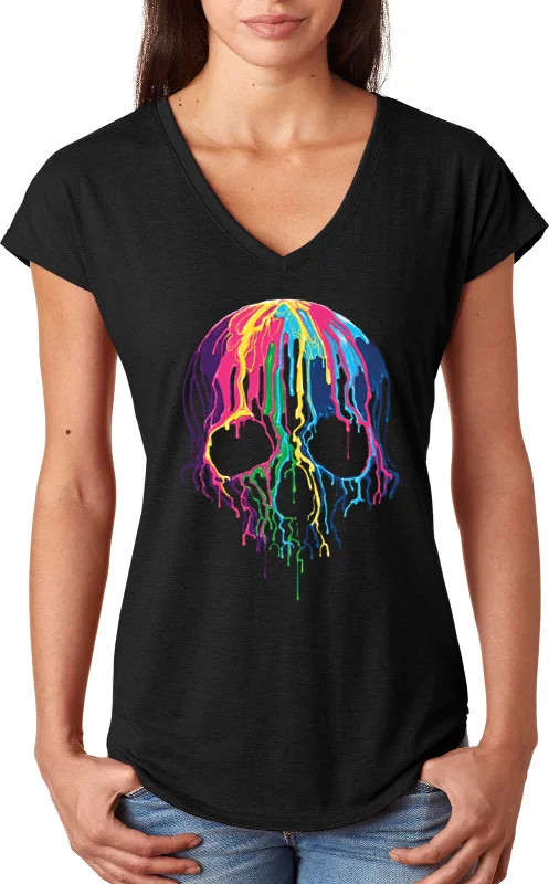 Buy More, Save More Halloween Melting Skull Ladies Triblend V-Neck Shirt