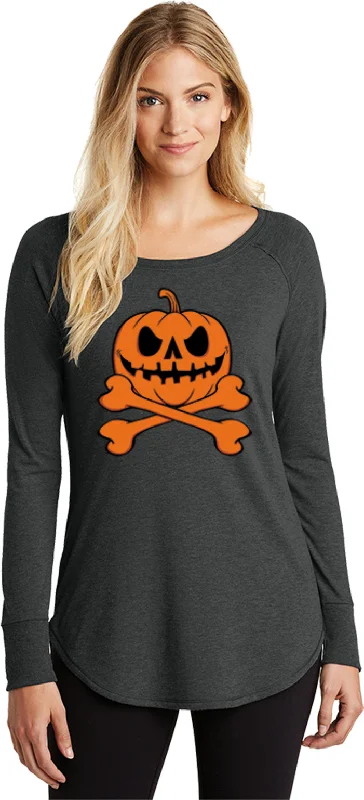 Midnight Sale Halloween Pumpkin Skeleton Ladies Tri Blend Long Sleeve Shirt