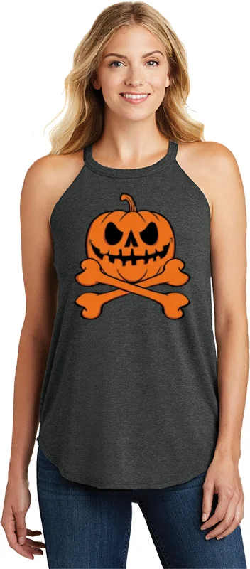 Limited Quantity Halloween Pumpkin Skeleton Ladies Tri Rocker Tanktop