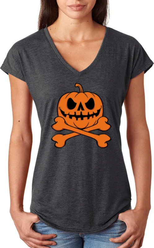 Weekend Flash Sale Halloween Pumpkin Skeleton Ladies Triblend V-Neck Shirt