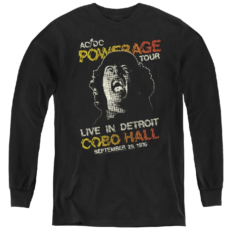 Super Sale Kids AC/DC T-Shirt 1976 Powerage Tour Live in Detroit Youth Long Sleeve Shirt