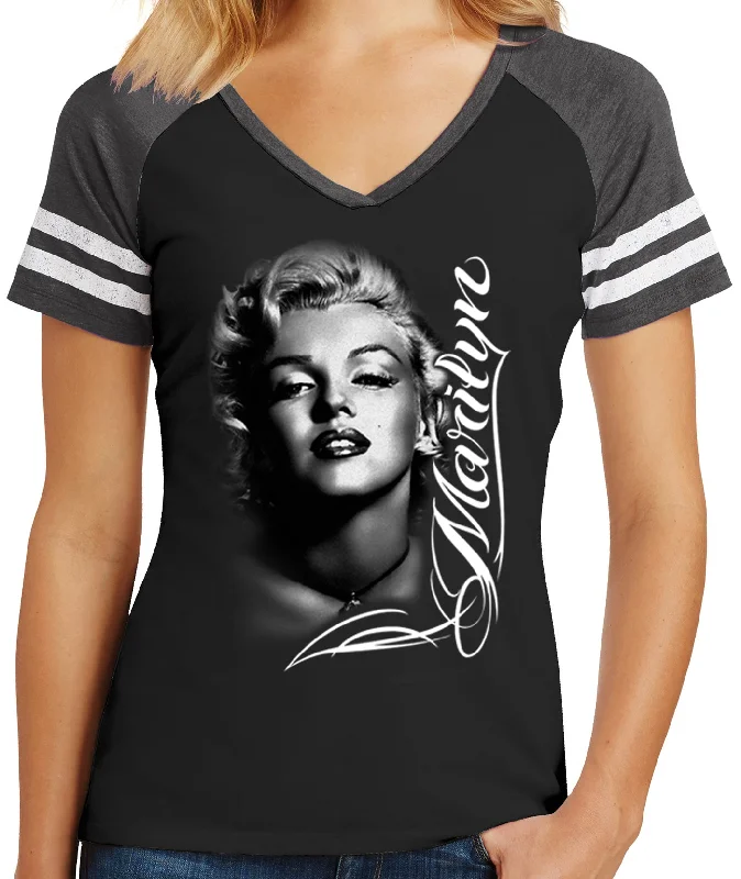 Incredible Offers Ladies Marilyn Monroe Black & White Sporty V-Neck Shirt