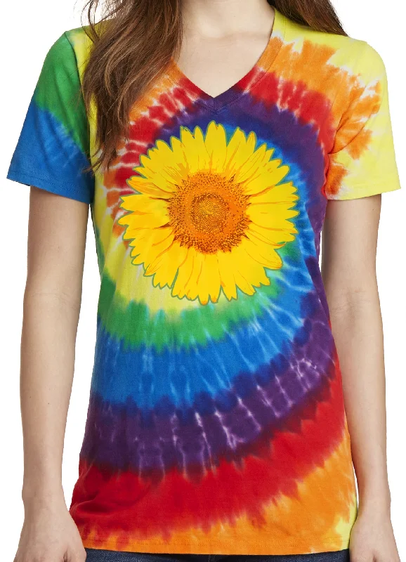 Bonus Savings Ladies Sunflower Tie Dye V-neck Tee Shirt - Rainbow