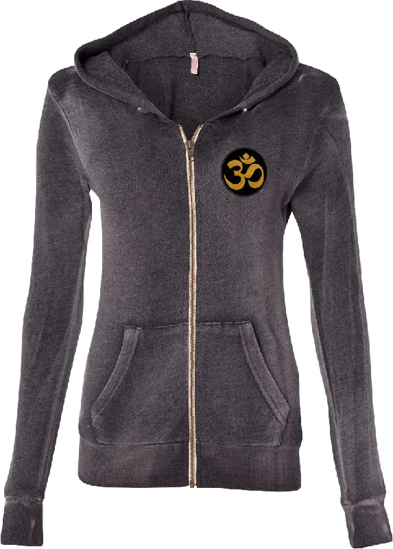 Fantastic Offers Ladies Yoga Fleece Full-Zip Hoodie Gold Aum Patch Pocket Print