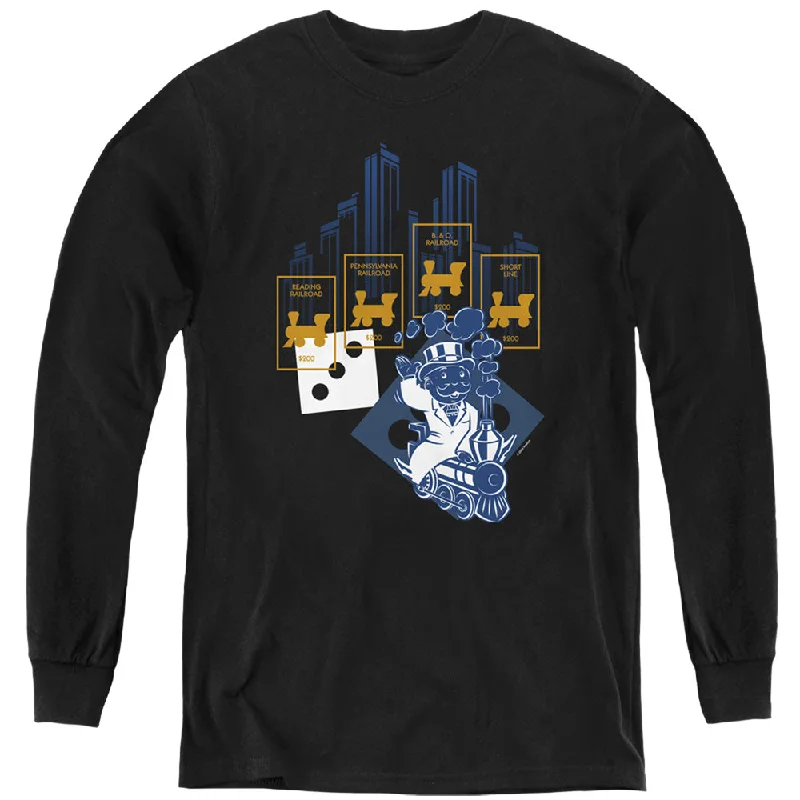 Exclusive Deal Monopoly Kids Long Sleeve Shirt Railroads Black Tee