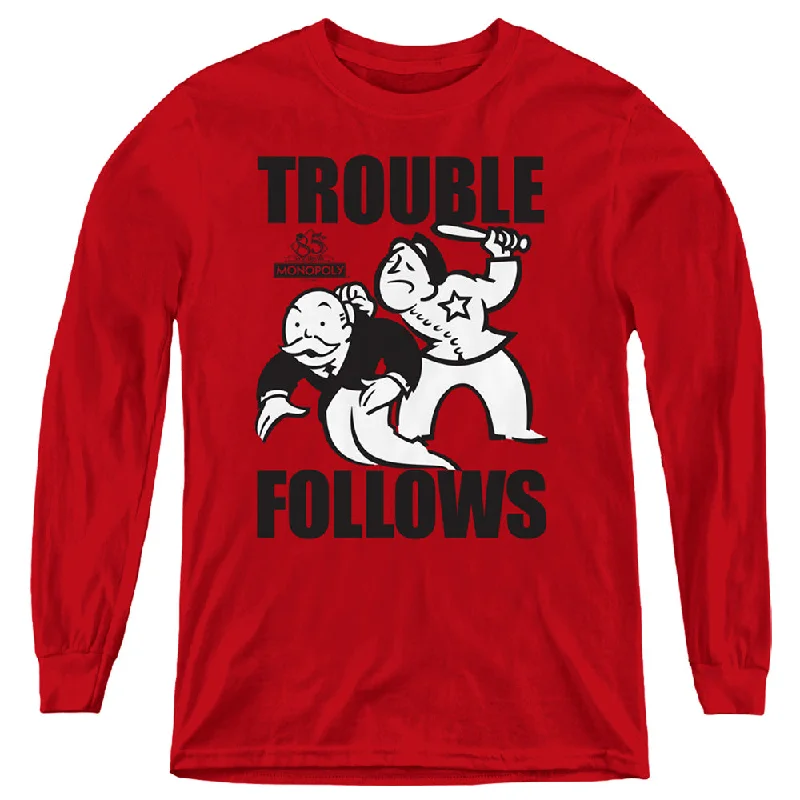 Price Cut Monopoly Kids Long Sleeve Shirt Trouble Follows Red Tee