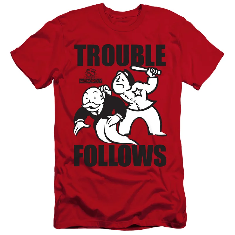 Midnight Madness Monopoly Premium Canvas T-Shirt Trouble Follows Red Tee