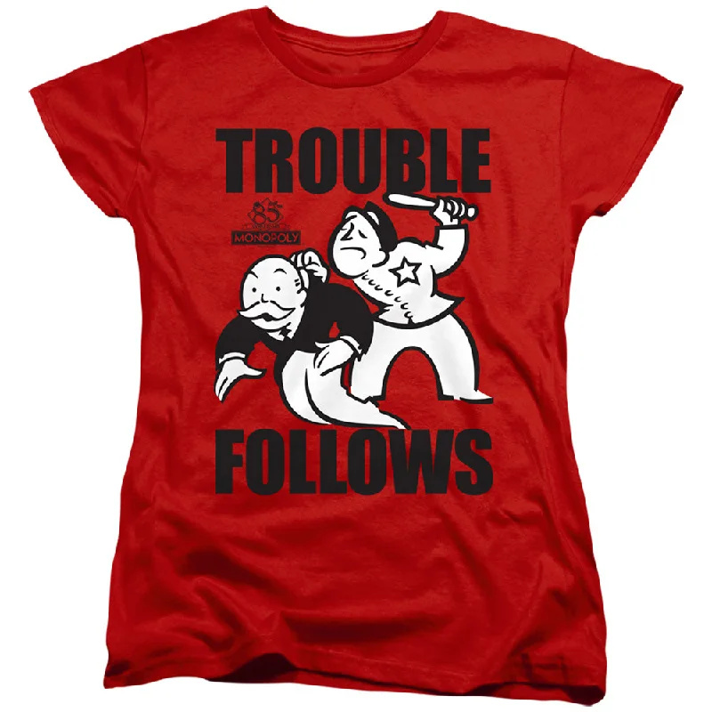 Online Only Monopoly Womens T-Shirt Trouble Follows Red Tee