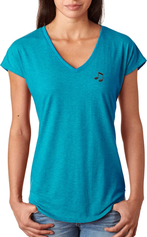 Online Specials Music Note Patch Pocket Print Ladies Triblend V-Neck Shirt
