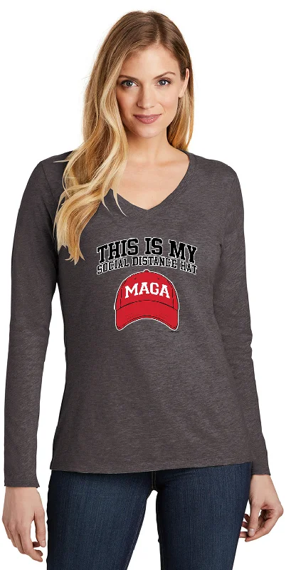 Crazy Deals Social Distancing MAGA Hat Ladies V-neck Long Sleeve