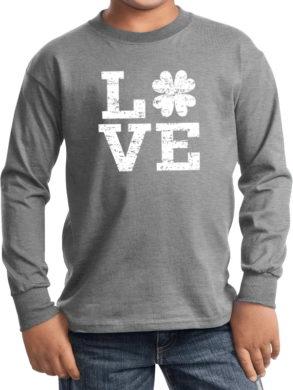 Discount Mania St Patricks Day Distressed Love Shamrock Kids Long Sleeve Shirt