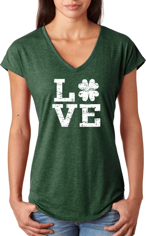 Crazy Savings St Patricks Day Distressed Love Shamrock Ladies Tri Blend V-neck Shirt