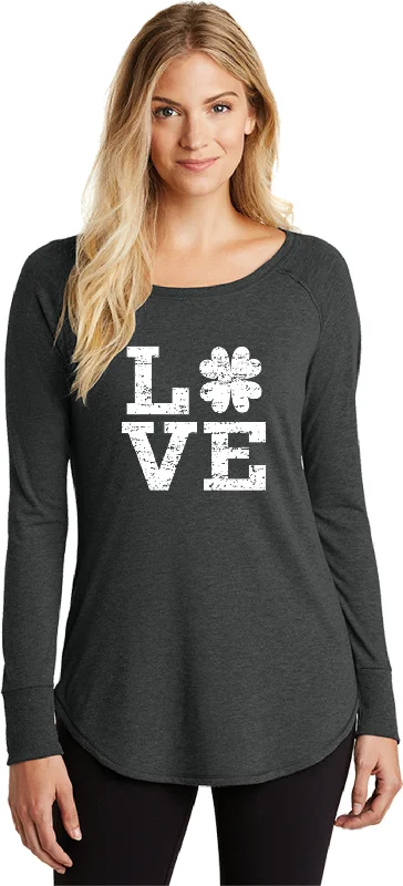 Clearance Items St Patricks Day Distressed Love Shamrock Ladies Tri Long Sleeve Shirt
