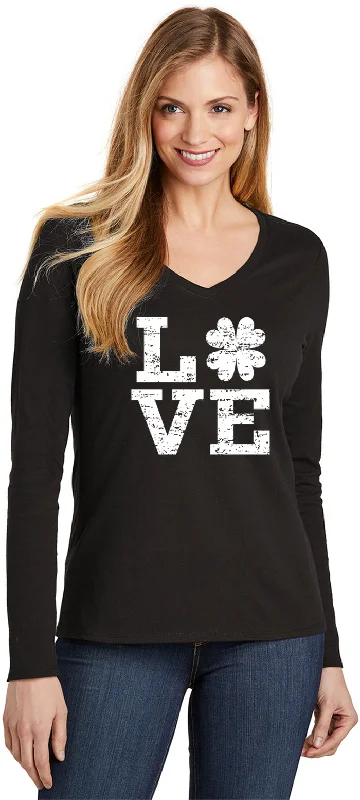 Buy More, Save More St Patricks Day Distressed Love Shamrock Ladies V-neck Long Sleeve Shirt