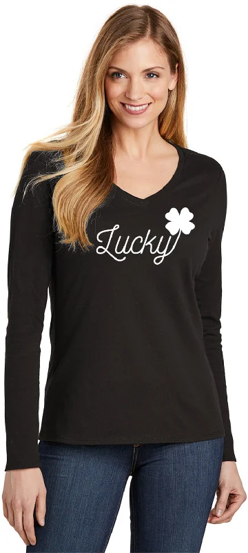 Super Sale St Patricks Day Lucky Ladies Long Sleeve V-neck Shirt