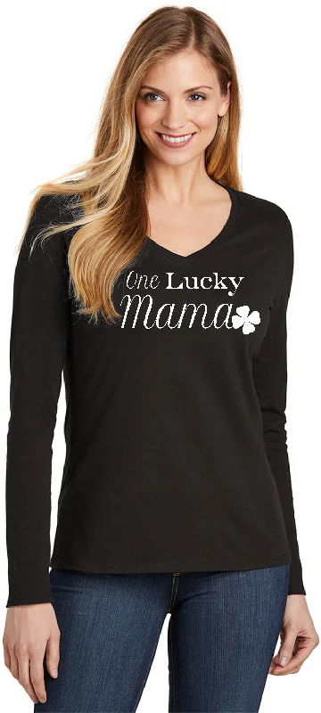 Super Savings St Patricks Day One Lucky Mama Ladies Long Sleeve V-neck Shirt