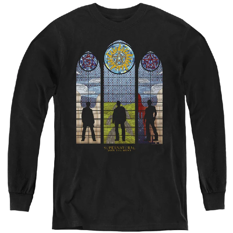 Deal Explosion Supernatural Kids Long Sleeve Shirt Stained Glass Silhouette Black