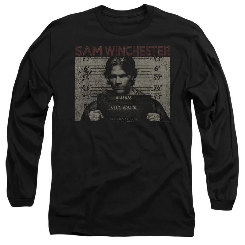 YEAR-End Sale Supernatural Long Sleeve T-Shirt Sam Winchester Mug Shot Black Tee