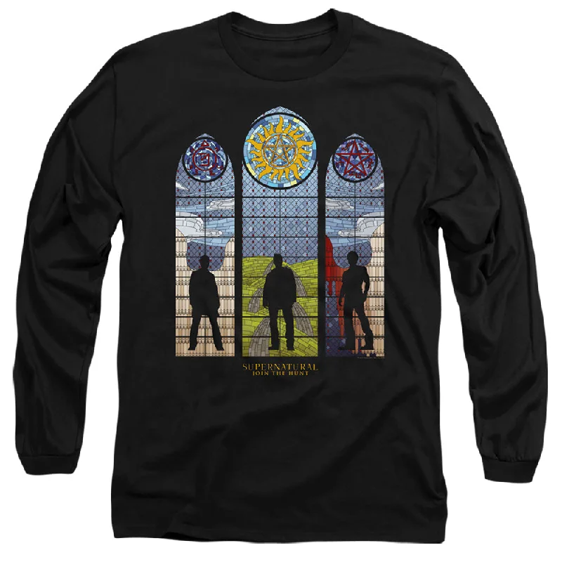 Deal Zone Supernatural Long Sleeve T-Shirt Stained Glass Silhouette Black Tee