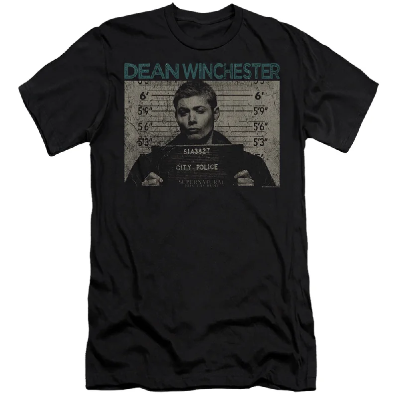 Hurry In Supernatural Slim Fit T-Shirt Dean Winchester Mug Shot Black Tee