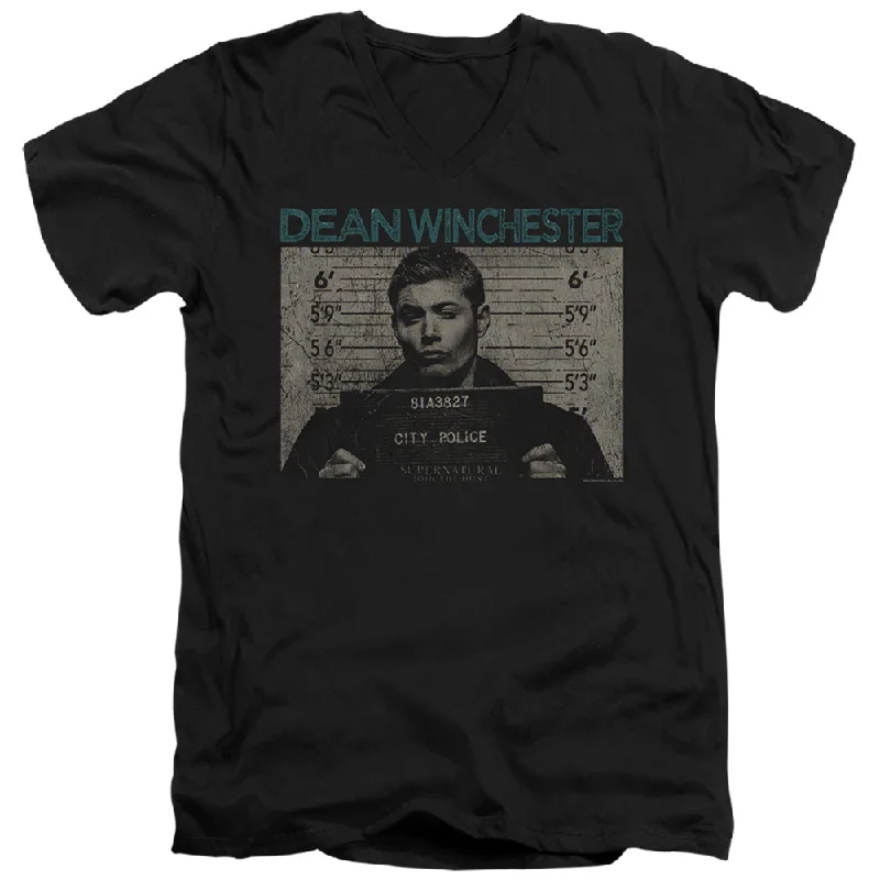 Final Clearance Supernatural Slim Fit V-Neck T-Shirt Dean Winchester Mug Shot Black