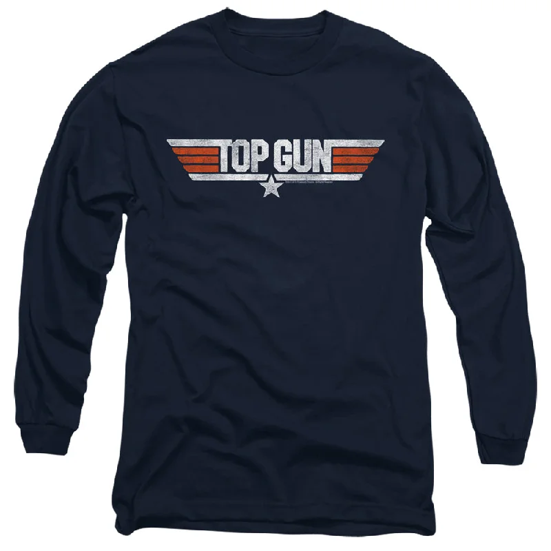 Fantastic Offers Top Gun Long Sleeve T-Shirt Distressed Logo Navy Tee