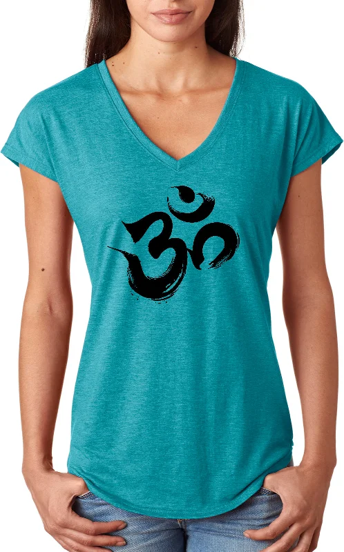 Exclusive Savings Womens Yoga Black Brushstroke AUM Triblend V-neck