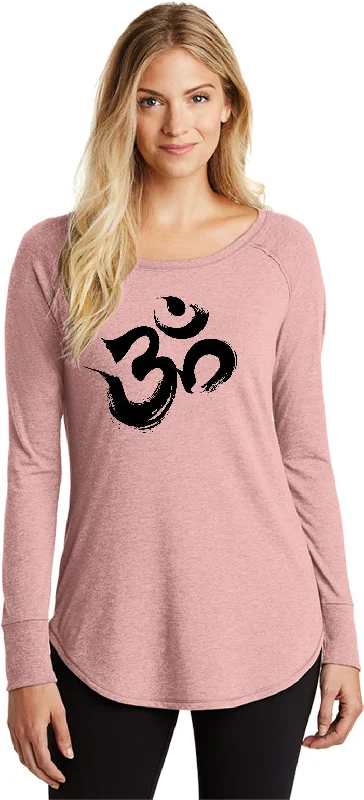 Final Clearance Womens Yoga T-shirt Black Brushstroke AUM Long Sleeve Tunic